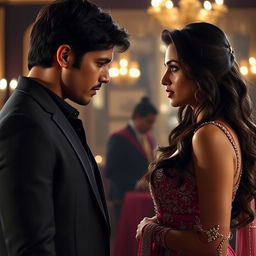 A dramatic and emotional movie scene depicting a young man encountering a strikingly beautiful Bollywood actress, Kriti Sanon, who is wearing a glamorous outfit