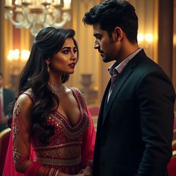 A dramatic and emotional movie scene depicting a young man encountering a strikingly beautiful Bollywood actress, Kriti Sanon, who is wearing a glamorous outfit