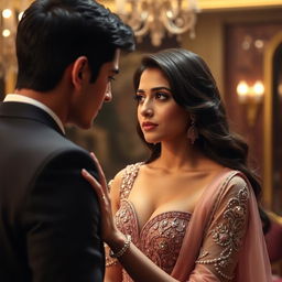 A dramatic and emotional movie scene depicting a young man encountering a strikingly beautiful Bollywood actress, Kriti Sanon, who is wearing a glamorous outfit