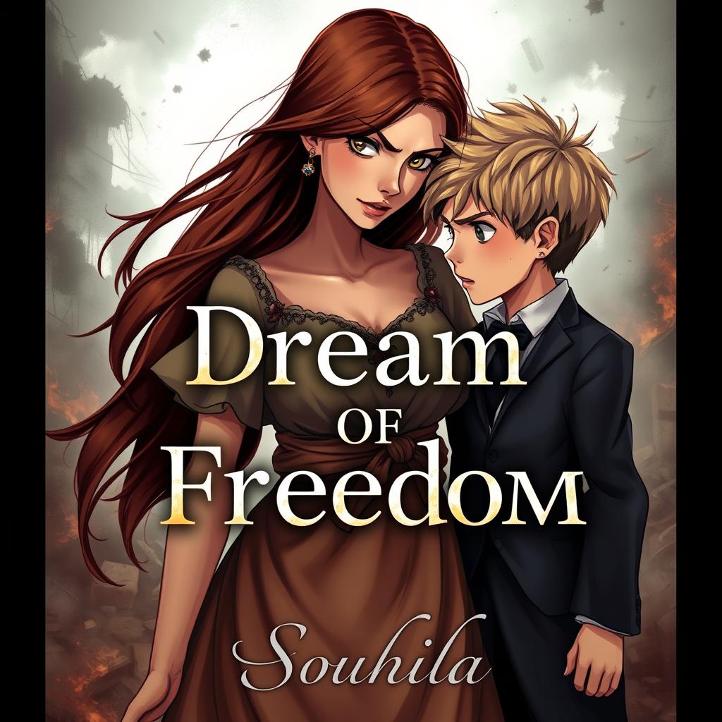 A striking animated book cover depicting a beautiful yet poor woman with flowing brown hair, dressed in a worn-out dress, casting an intense look of anger at an elegantly dressed boy with tousled blond hair