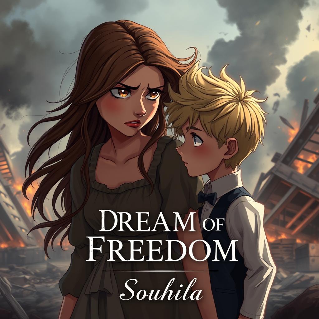 A striking animated book cover depicting a beautiful yet poor woman with flowing brown hair, dressed in a worn-out dress, casting an intense look of anger at an elegantly dressed boy with tousled blond hair