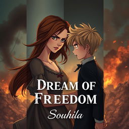 A striking animated book cover depicting a beautiful yet poor woman with flowing brown hair, dressed in a worn-out dress, casting an intense look of anger at an elegantly dressed boy with tousled blond hair