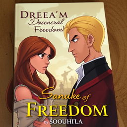 An animated book cover depicting a beautiful yet impoverished woman with long brown hair, her expression one of anger directed at an elegant man with sleek blond hair