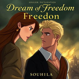 An animated book cover depicting a beautiful yet impoverished woman with long brown hair, her expression one of anger directed at an elegant man with sleek blond hair