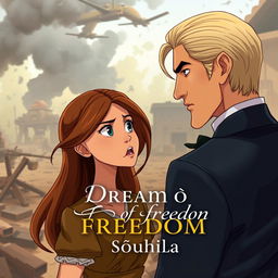 An animated book cover depicting a beautiful yet impoverished woman with long brown hair, her expression one of anger directed at an elegant man with sleek blond hair