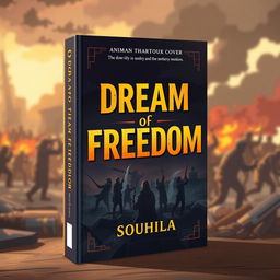 An animated book cover themed around war, featuring the title 'Dream of Freedom' prominently displayed in a bold, eye-catching font