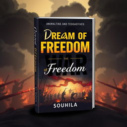 An animated book cover themed around war, featuring the title 'Dream of Freedom' prominently displayed in a bold, eye-catching font