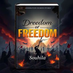 An animated book cover themed around war, featuring the title 'Dream of Freedom' prominently displayed in a bold, eye-catching font