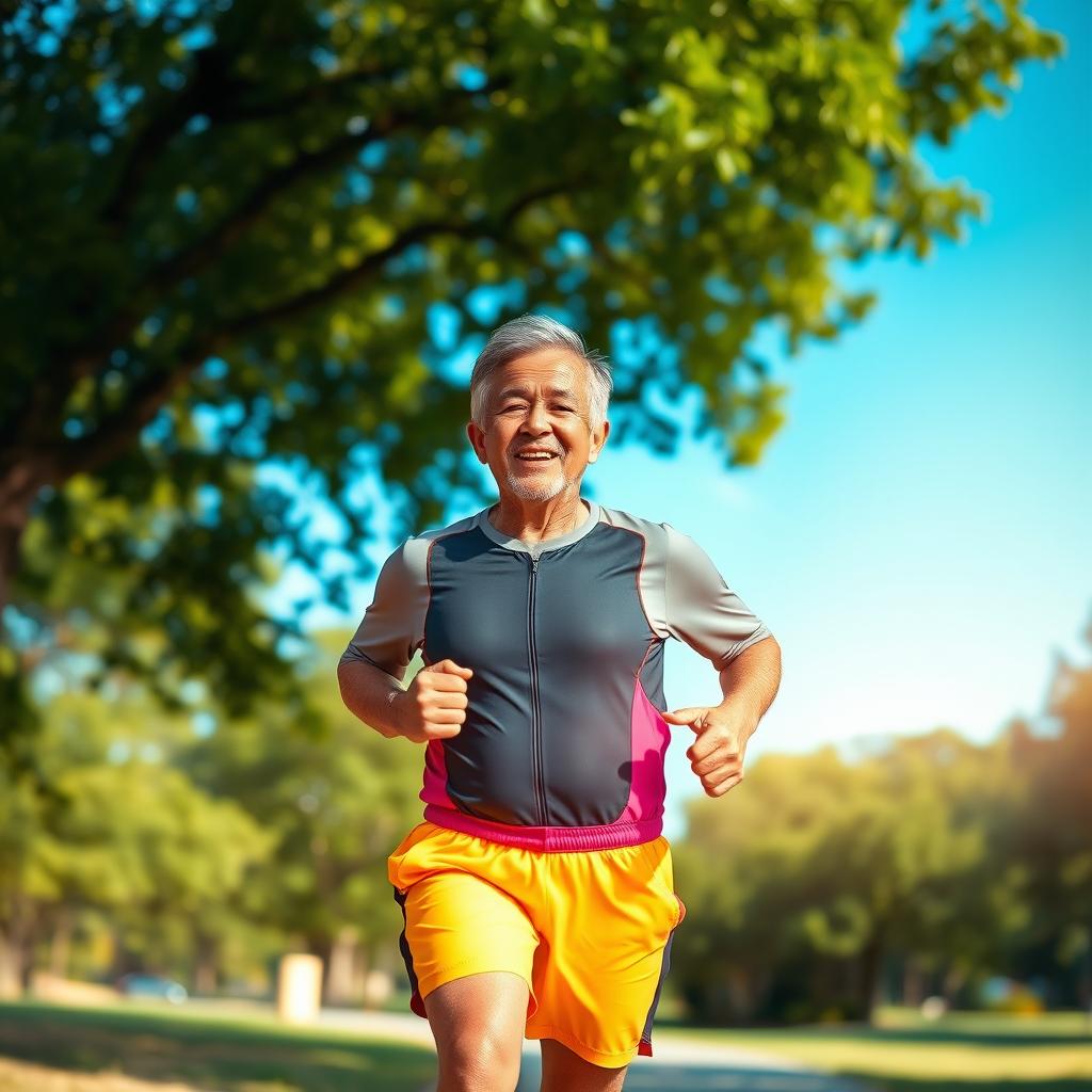 A dynamic and inspirational scene portraying a person running outdoors, embodying the theme 'Atitude em Movimento: Correndo em Busca de um Novo Eu'