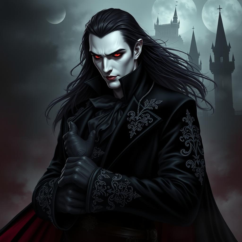 A striking vampire character design suitable for a gothic novel cover