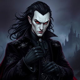 A striking vampire character design suitable for a gothic novel cover