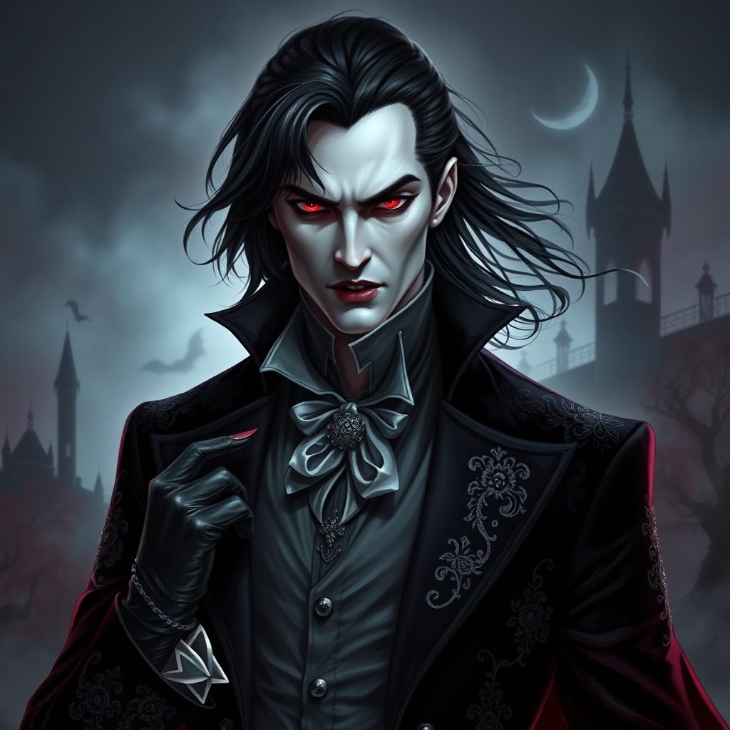 A striking vampire character design suitable for a gothic novel cover