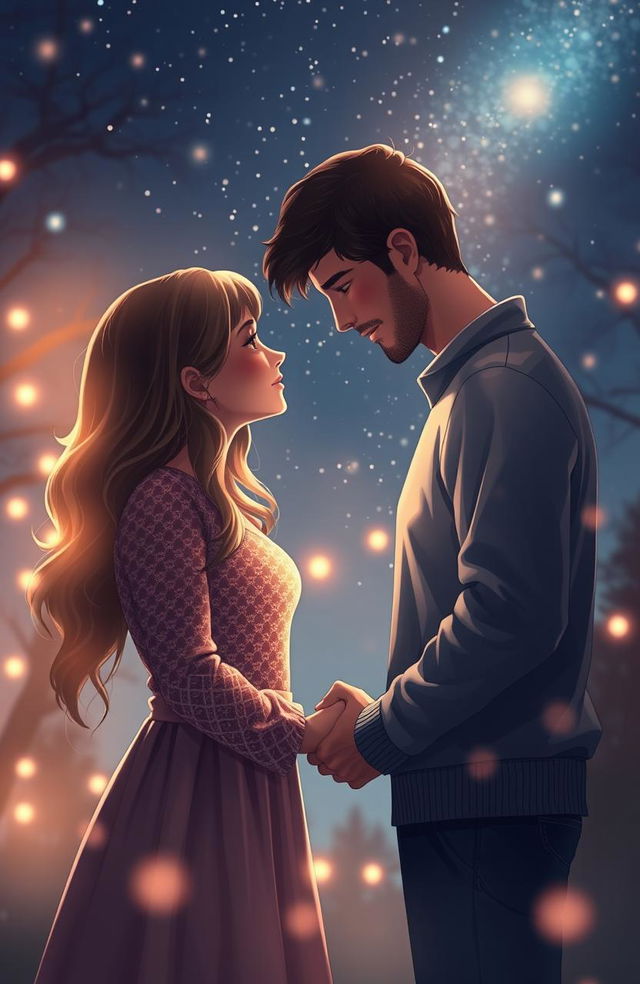 A romantic scene depicting a couple holding hands, gazing deeply into each other's eyes, surrounded by a beautiful, dreamy atmosphere under a starry night sky