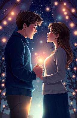 A romantic scene depicting a couple holding hands, gazing deeply into each other's eyes, surrounded by a beautiful, dreamy atmosphere under a starry night sky