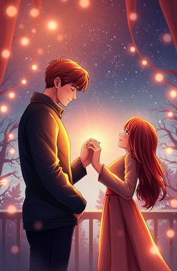 A romantic scene depicting a couple holding hands, gazing deeply into each other's eyes, surrounded by a beautiful, dreamy atmosphere under a starry night sky