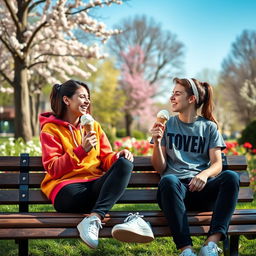 A heartwarming scene capturing the essence of teenage love, featuring two teenagers sitting on a park bench, sharing an ice cream cone while laughing and playfully teasing each other