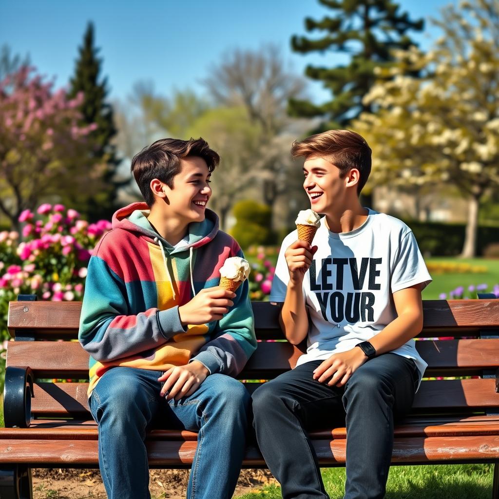 A heartwarming scene capturing the essence of teenage love, featuring two teenagers sitting on a park bench, sharing an ice cream cone while laughing and playfully teasing each other