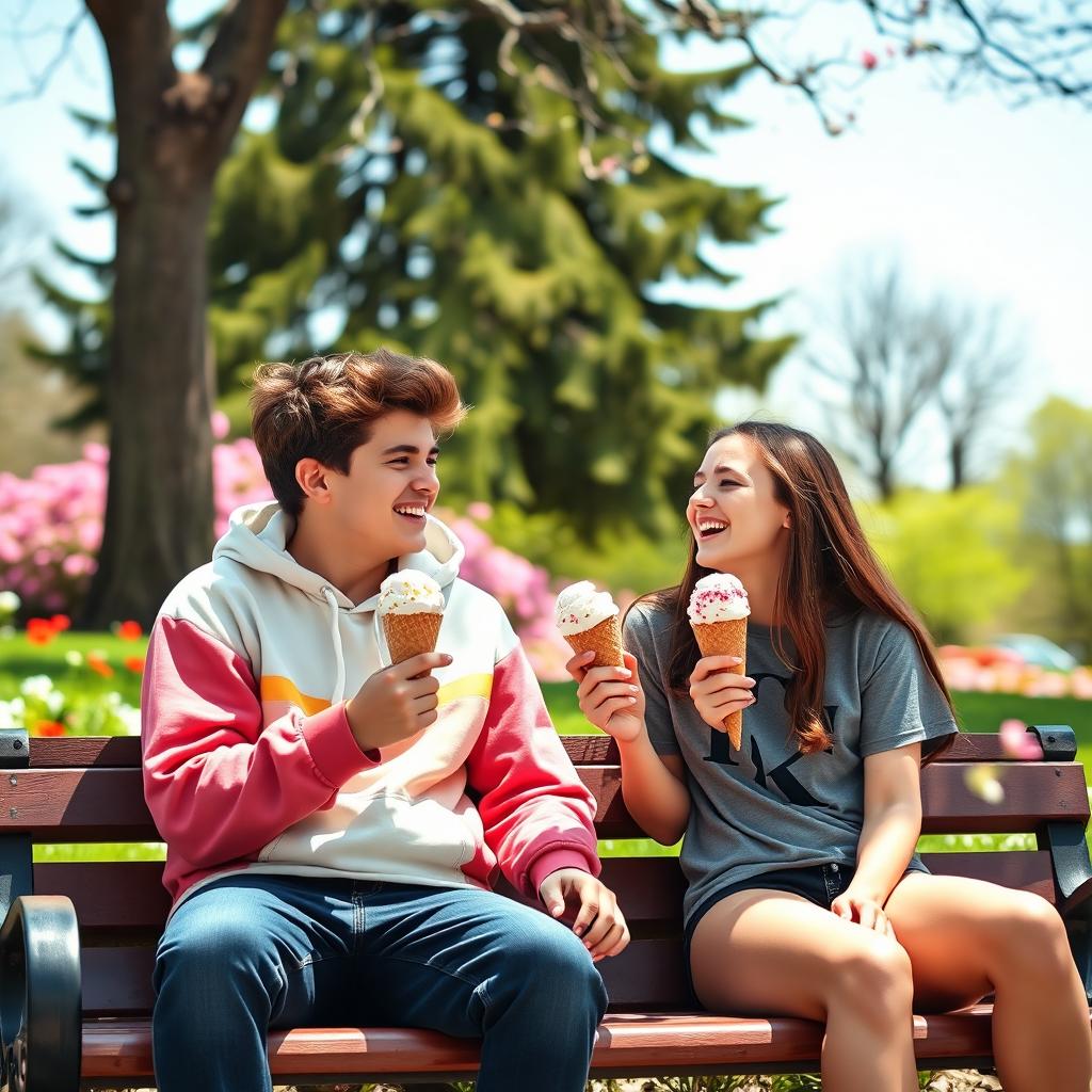 A heartwarming scene capturing the essence of teenage love, featuring two teenagers sitting on a park bench, sharing an ice cream cone while laughing and playfully teasing each other