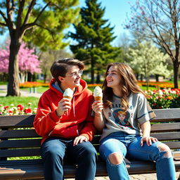 A heartwarming scene capturing the essence of teenage love, featuring two teenagers sitting on a park bench, sharing an ice cream cone while laughing and playfully teasing each other