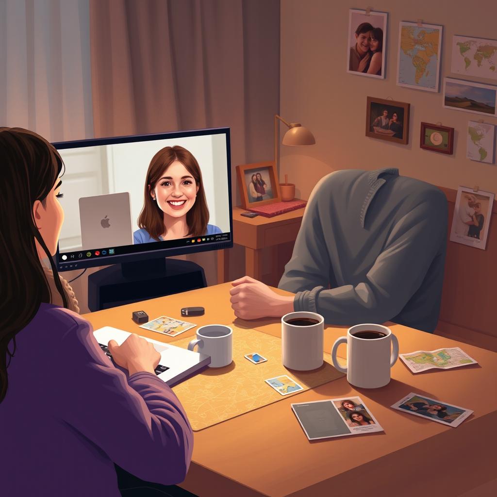 A heartfelt depiction of a long distance relationship, featuring a young woman on one side of a video call, her face illuminated by a soft glow from her laptop, smiling as she talks to her partner