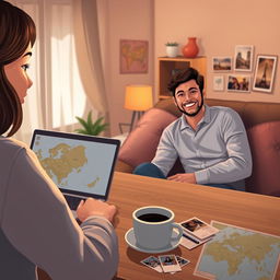 A heartfelt depiction of a long distance relationship, featuring a young woman on one side of a video call, her face illuminated by a soft glow from her laptop, smiling as she talks to her partner