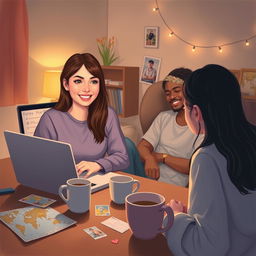 A heartfelt depiction of a long distance relationship, featuring a young woman on one side of a video call, her face illuminated by a soft glow from her laptop, smiling as she talks to her partner