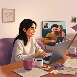 A heartfelt depiction of a long distance relationship, featuring a young woman on one side of a video call, her face illuminated by a soft glow from her laptop, smiling as she talks to her partner