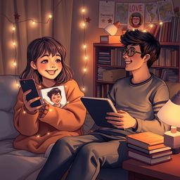 A touching depiction of a long distance relationship between a boy and a girl, each in their own cozy and personal environments