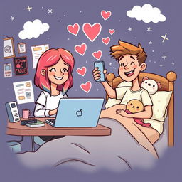 A whimsical cartoon illustration of two teenage lovers connecting over distance