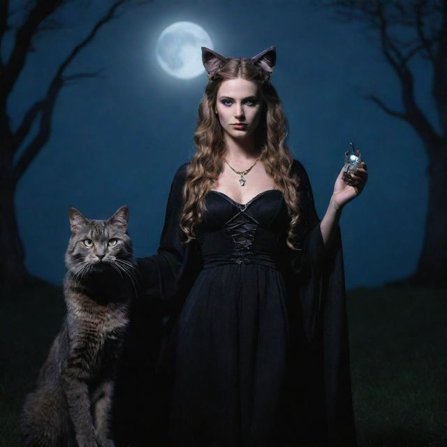 An image of Hekate, the Greek goddess of magic and witchcraft, standing majestically with the Cheshire cat from Alice in Wonderland, both bathed in serene moonlight.