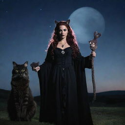 An image of Hekate, the Greek goddess of magic and witchcraft, standing majestically with the Cheshire cat from Alice in Wonderland, both bathed in serene moonlight.