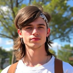 A young man with medium-length hair falling to the middle of his neck, wearing a headband