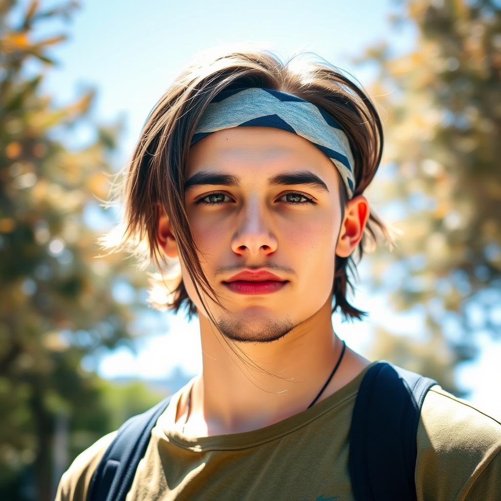 A young man with medium-length hair falling to the middle of his neck, wearing a headband