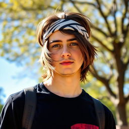 A young man with medium-length hair falling to the middle of his neck, wearing a headband