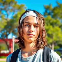 A young man with medium-length hair falling to the middle of his neck, wearing a headband