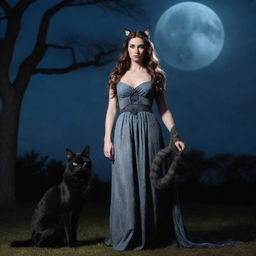 An image of Hekate, the Greek goddess of magic and witchcraft, standing majestically with the Cheshire cat from Alice in Wonderland, both bathed in serene moonlight.