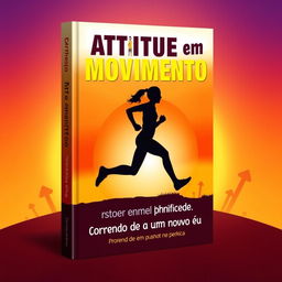 A captivating book cover design for "Atitude em Movimento: Correndo em busca de um novo eu", featuring a silhouette of a person running against a vibrant sunset background