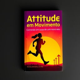 A captivating book cover design for "Atitude em Movimento: Correndo em busca de um novo eu", featuring a silhouette of a person running against a vibrant sunset background