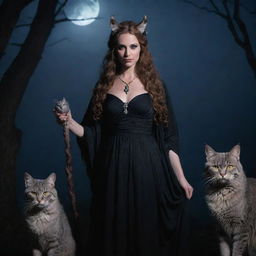 An image of Hekate, the Greek goddess of magic and witchcraft, standing majestically with the Cheshire cat from Alice in Wonderland, both bathed in serene moonlight.