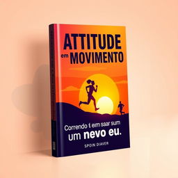 A captivating book cover design for "Atitude em Movimento: Correndo em busca de um novo eu", featuring a silhouette of a person running against a vibrant sunset background