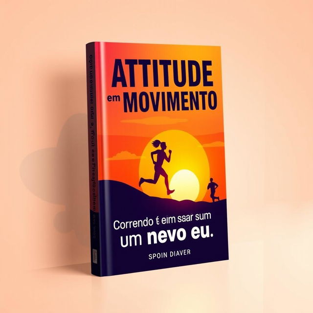 A captivating book cover design for "Atitude em Movimento: Correndo em busca de um novo eu", featuring a silhouette of a person running against a vibrant sunset background