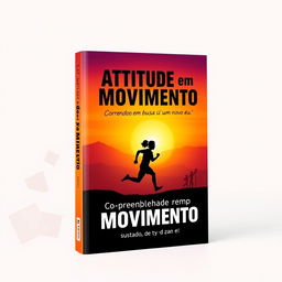 A captivating book cover design for "Atitude em Movimento: Correndo em busca de um novo eu", featuring a silhouette of a person running against a vibrant sunset background