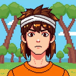 A pixel art depiction of a young man with medium-length hair falling to the middle of his neck, wearing a headband