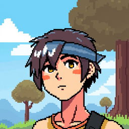 A pixel art depiction of a young man with medium-length hair falling to the middle of his neck, wearing a headband