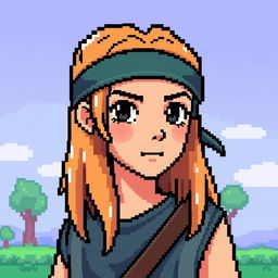 A pixel art depiction of a young man with medium-length hair falling to the middle of his neck, wearing a headband