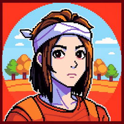 A pixel art depiction of a young man with medium-length hair falling to the middle of his neck, wearing a headband