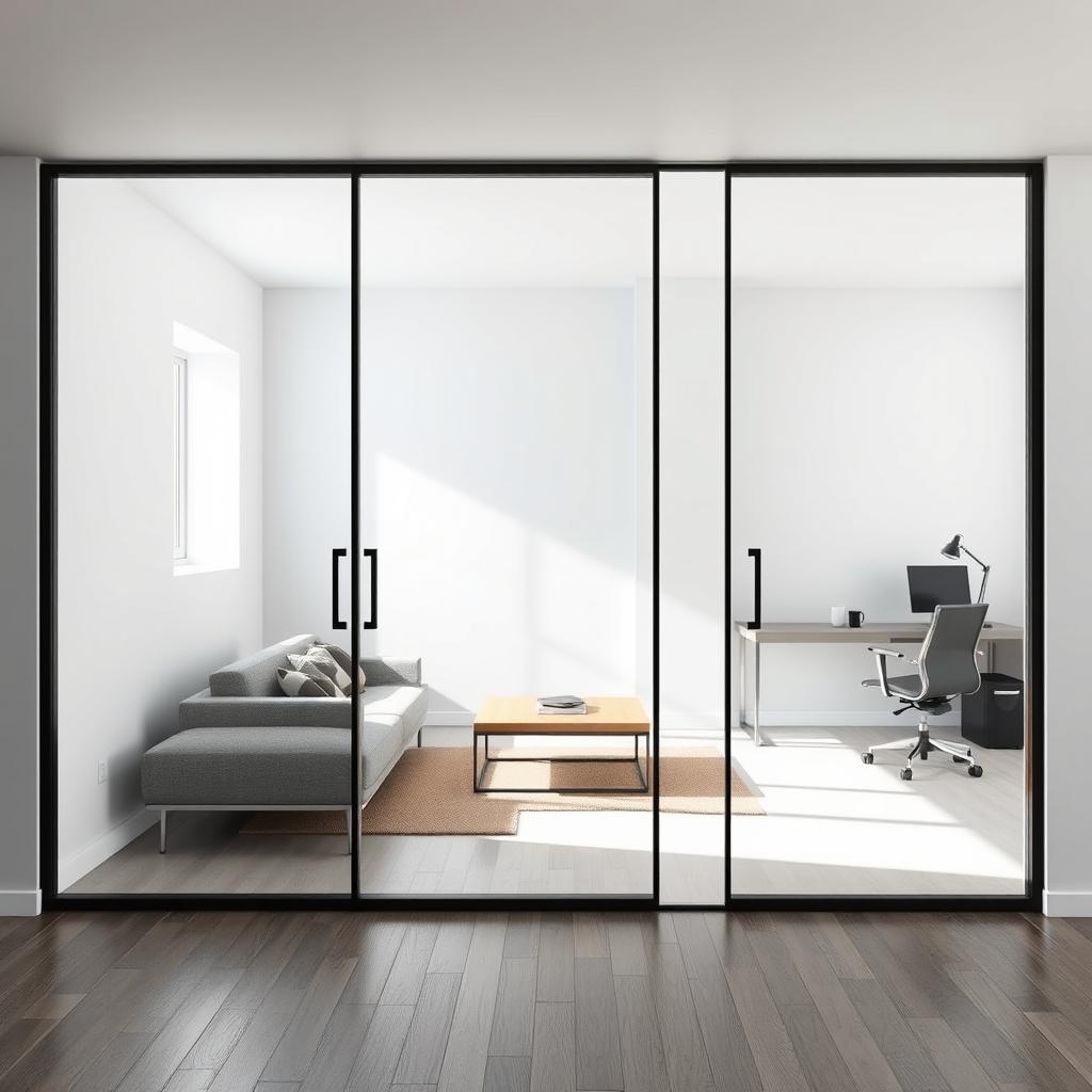 A modern interior featuring a fixed glass partition that is 1200mm wide and 900mm high, effectively separating two distinct rooms