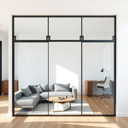 A modern interior featuring a fixed glass partition that is 1200mm wide and 900mm high, effectively separating two distinct rooms