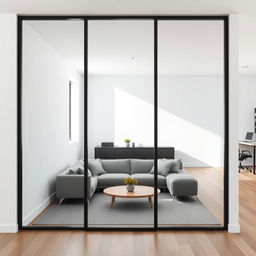 A modern interior featuring a fixed glass partition that is 1200mm wide and 900mm high, effectively separating two distinct rooms