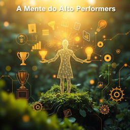 A conceptual artwork titled 'A Mente dos Altos Performers: Desvendando os Segredos da Alta Performance e do Sucesso Sustentável'